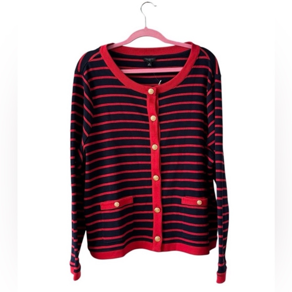 Talbots‎ Striped Cardigan Sweater Size 2X Red Navy Preppy Button Front